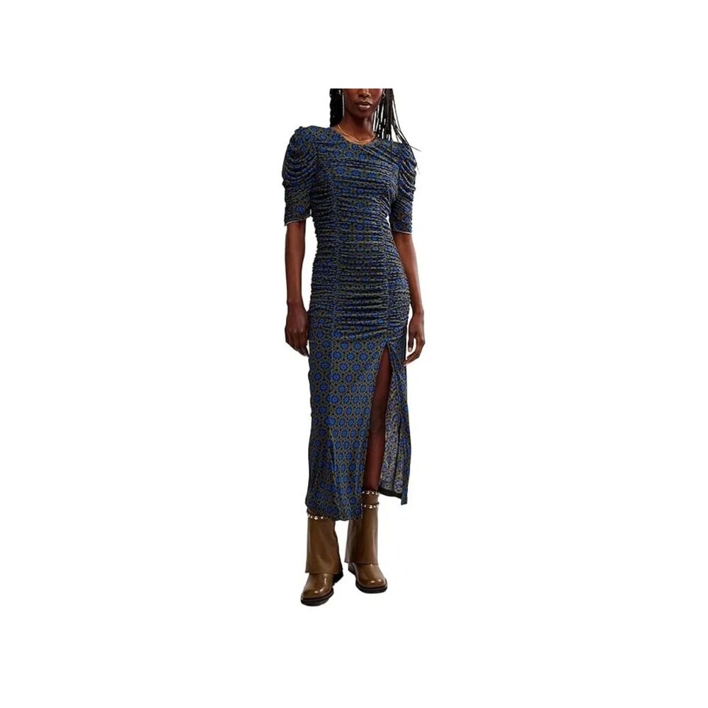 FREE PEOPLE NWT S Briella Ruched midi dress army combo 3/4 sleeves scrunch